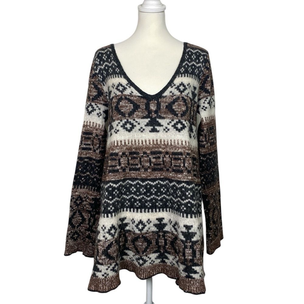Free People Boho Fair Isle Sweater Tunic Alpaca Blend V Neck Oversized Tribal